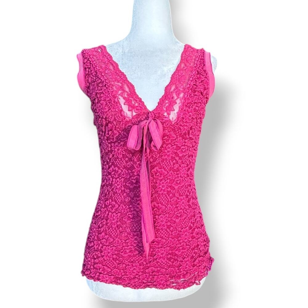 Vintage Y2K Ann Ferriday Burgundy‎ Lace Mesh Top Small Romantic Ribbon Bow Sheer